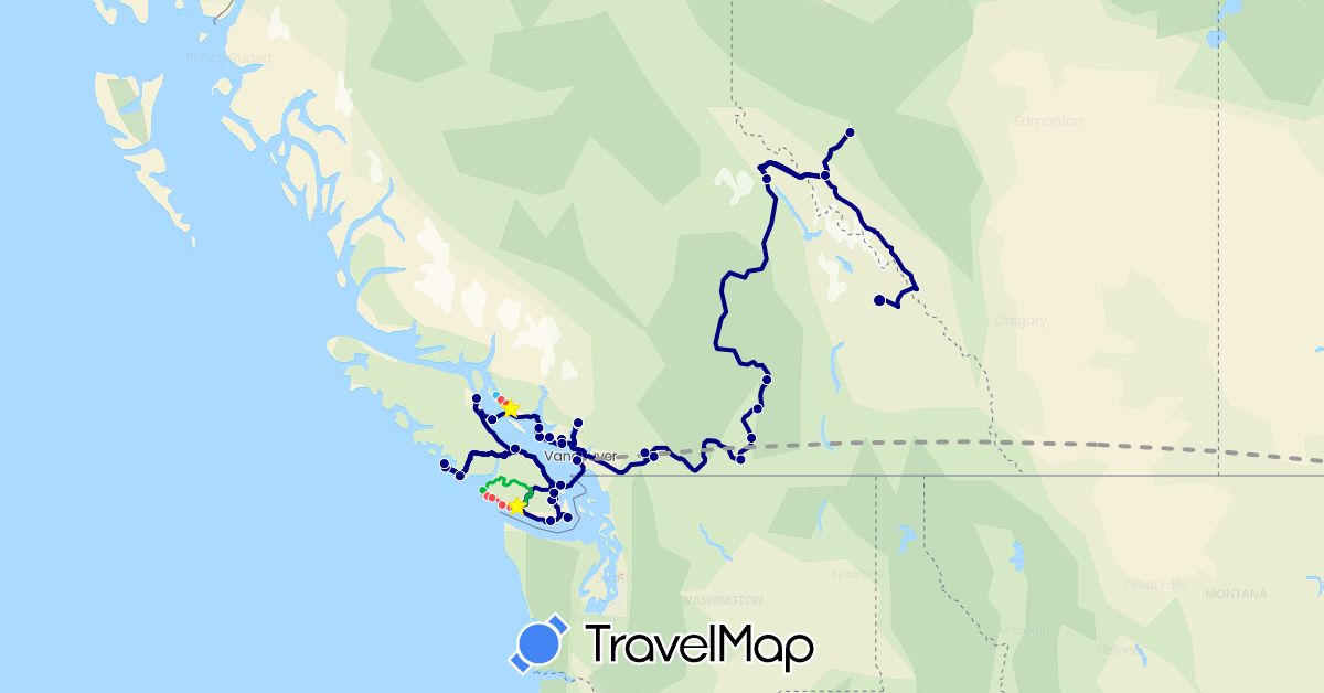 TravelMap itinerary: driving, bus, plane, hiking, boat in Canada (North America)